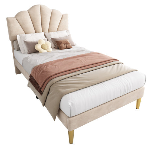 UK Local Velvet Upholstered Bed,Single Bed-3ft 90x190cm, Shell-like Bed With Golden Iron Legs, Wooden Slatted Frame, Upholstered Bench With Storage Space 90x40x42cm