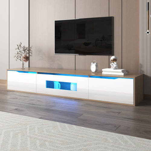 UK Local TV Cabinet, High Gloss TV Cabinet, Color Matching High-glosswhite And Wood Color, With Color Changing LED Light.