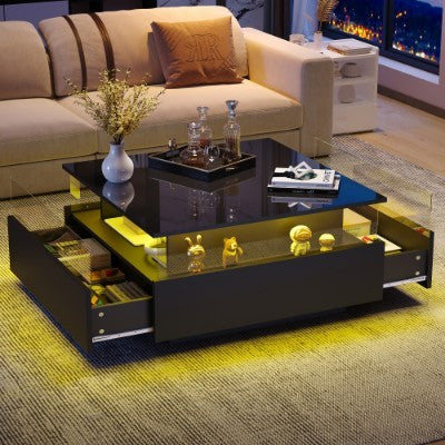 UK Local Coffee Table With Storage For Living Room, Modern LED Coffee Table, Square Tea Table With 2 Sliding Drawers Wood Center Table Acrylic Glass Coffee Table