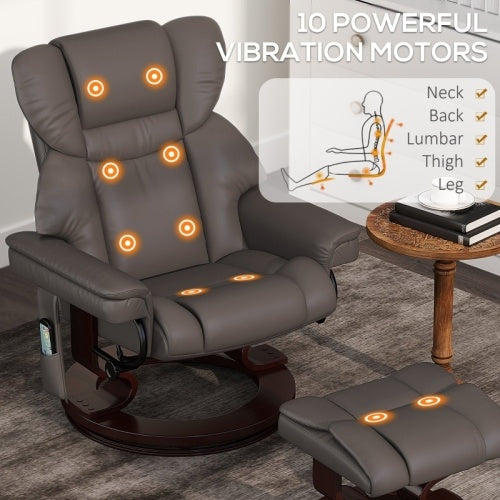 UK Local HOMCOM Massage Recliner Chair With Footstool, Upholstered Reclining Armchair With Adjustable Backrest, Steel Frame And Wood Base, Swivel Chair For Living Room, Bedroom, Brown