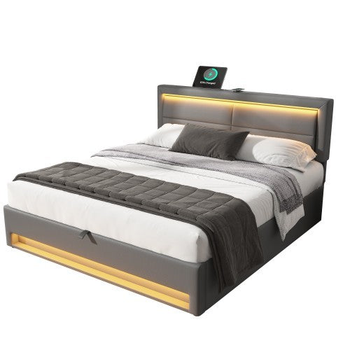 UK Local Upholstered Bed 150 X 200 Cm, King Size Bed-5ft,with USB Port Supports Wireless And Wired Charging, With LED Lighting And Storage Space, Without Mattress, PU Lychee Pattern, Grey
