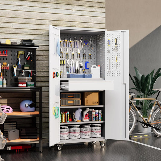 US Local Metal Garage Storage Cabinet With Wheels And Doors,Rolling Tool Cabinet With Pegboard,Rod And Drawer For Garage Warehouse Home,Required Assembly,Grey And White