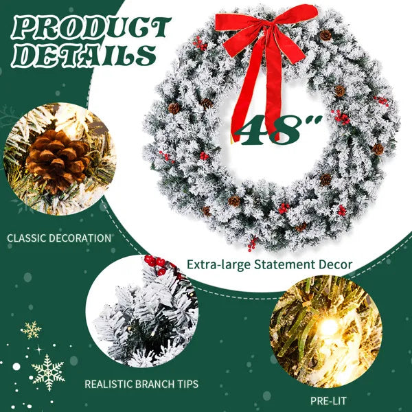 US Local 48in Pre-lit Snow Flocked Christmas Wreath, Lighted Artificial Xmas Wreath With 150 Warm White Lights And 450 PVC Tips And DIY Ornaments, For Front Door Gate Wall Xmas Party Decorations, Snowy Green