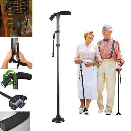 UK Local Folding LCD Walking Stick Cane With Flashlight For Senior Aluminium Travel Hiking Cane Trekking Pole Crutch Handle Strap 5 Gears