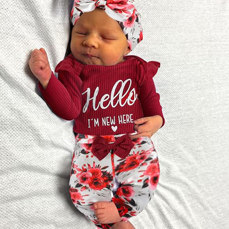 US Local Newborn Baby Girl 'Hello I'm New Here' Romper Set Includes Floral Pants, Hat, Headband, & Coming Home Outfit