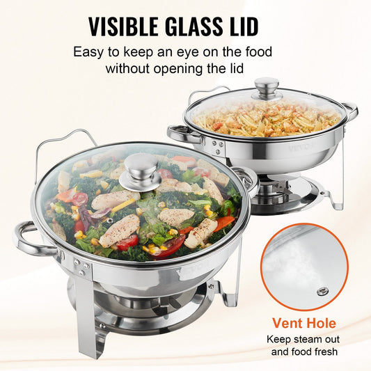 US Local VEVOR 2-Pack Round Chafing Dish Set With Full-Size 4Qt Pan Glass Lid Fuel Holder