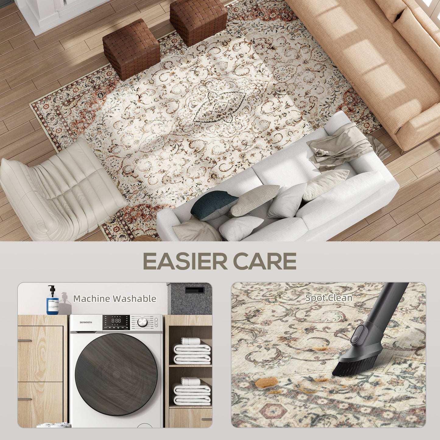 US Local Area Rug 8x10, Machine Washable Rug, Non-Slip Classical Floral Print Floor Carpet For Living Room, Bedroom, Mixed-Brown