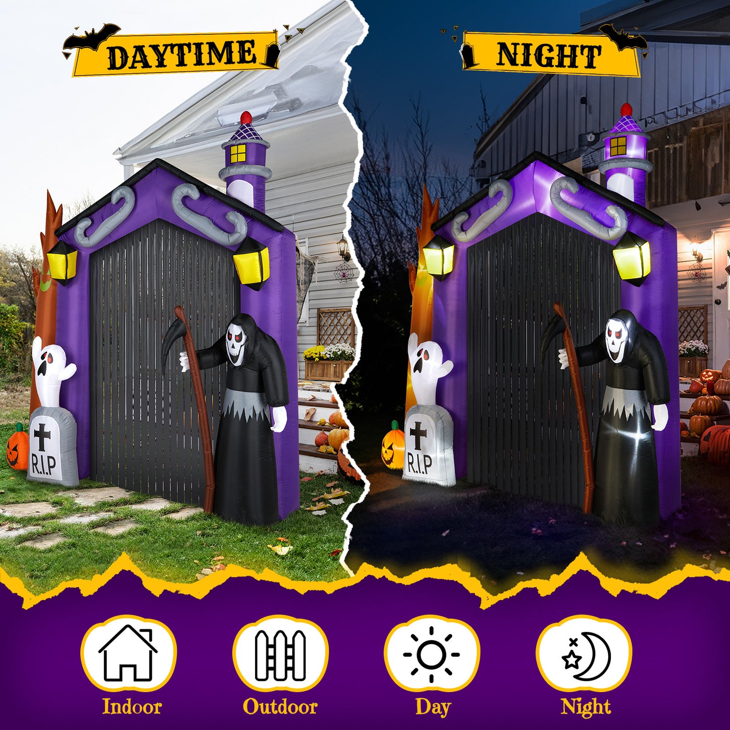 US Local 9.8 FT Halloween Inflatables Haunted House Castle Archway Outdoor Decorations, Scary Halloween Giant Grim Reaper Blow up Ghost Decorations for Holiday Party Front Yard Lawn Garden Decor