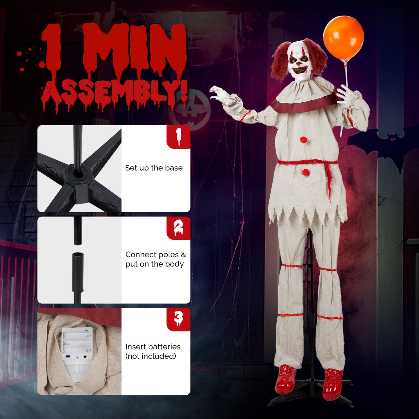 US Local 5.7ft Red eyes, Voice Control,Joker and Balloon,Halloween Standing Decoration Outdoor