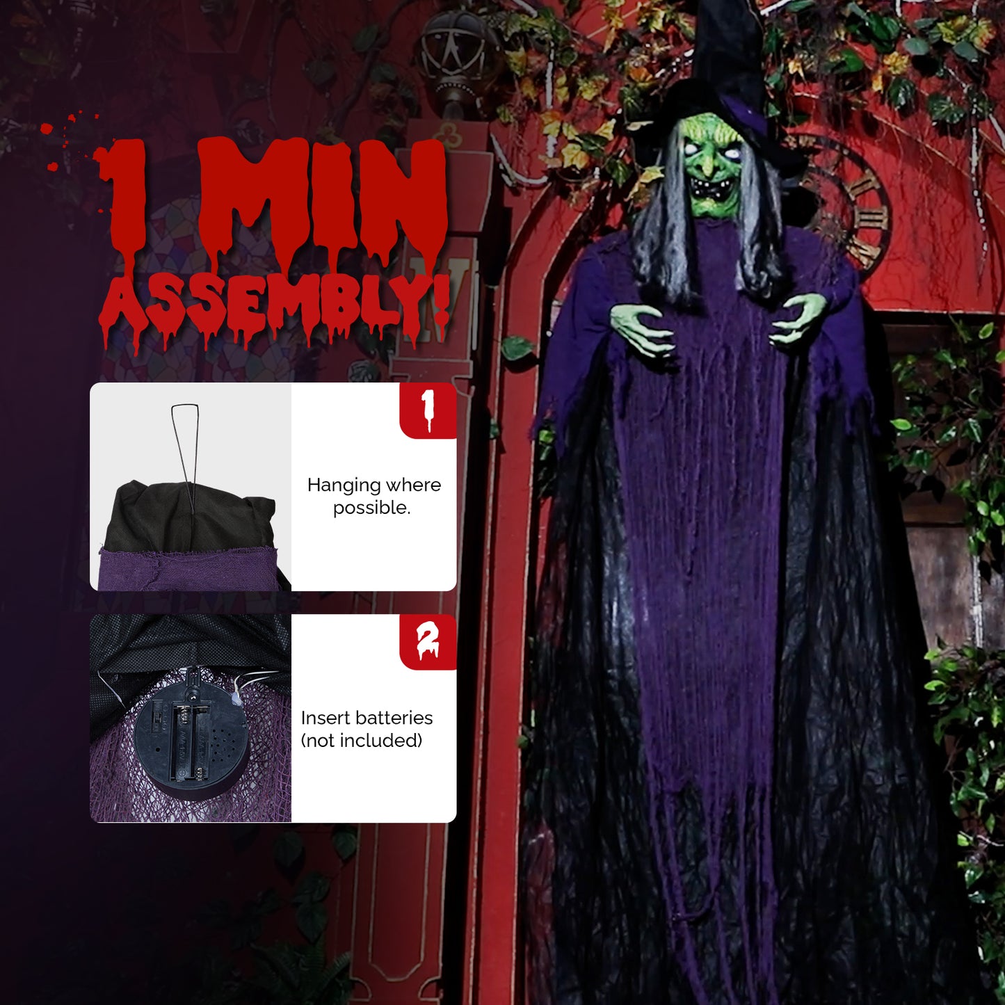 US Local 11.8ft Life Size Hanging Witch Talking Halloween Hanging Decoration