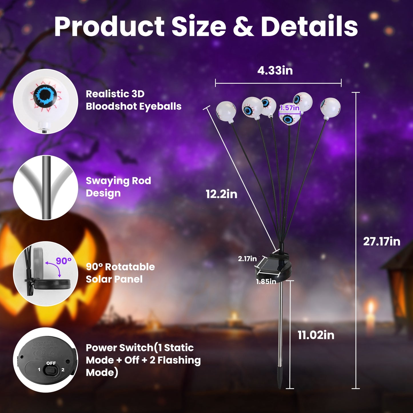 US Local 4Packs Solar Scary Eyeballs Lights Outdoor Halloween Decoration Swaying Light Halloween Path Lights Ornaments with Total 24LED IP65 Waterproof for Yard Garden Patio Party Decor(green+purple)
