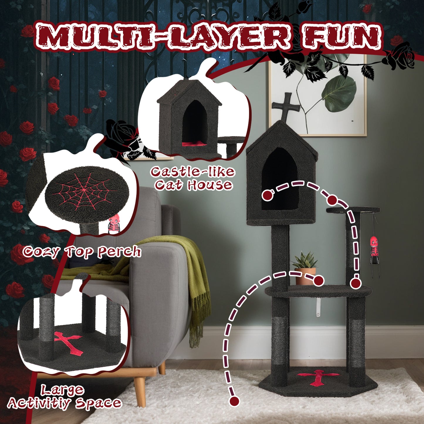 US Local Halloween Gothic Cat Tree with Coffin Bed, 57" Cat Tower with Spacious Cat Condo, Scratching Posts, Hanging Toy, Multi-Level Cat Activities Furniture for Large Cats