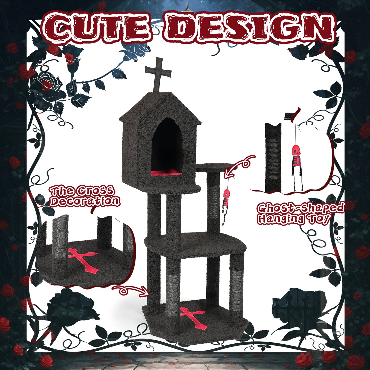 US Local Halloween Gothic Cat Tree with Coffin Bed, 57" Cat Tower with Spacious Cat Condo, Scratching Posts, Hanging Toy, Multi-Level Cat Activities Furniture for Large Cats