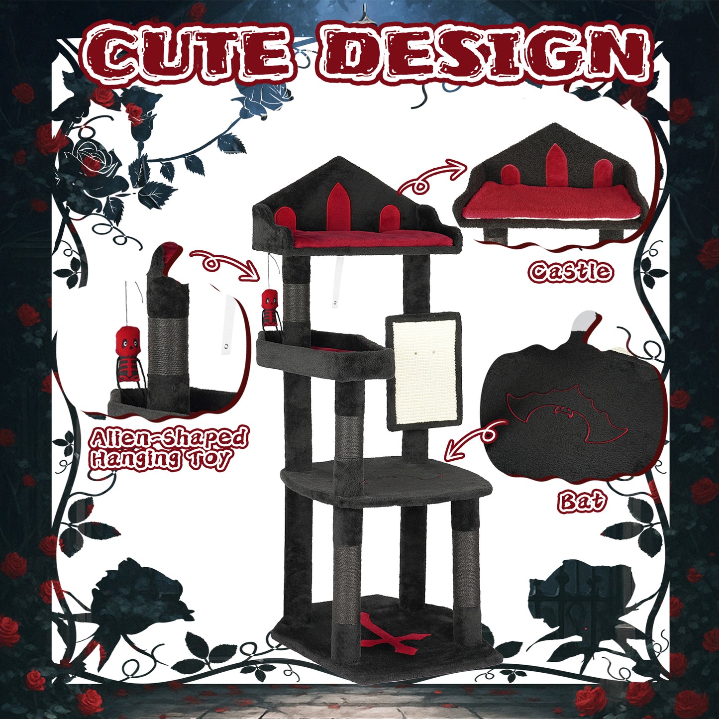 US Local Halloween Gothic Cat Tree - 49in Black Cat Tower with Throne Goth Bed, Coffin-shaped Perch, Durable Sisal Scratching Posts, Goth Cat Tree for Majestic Rest