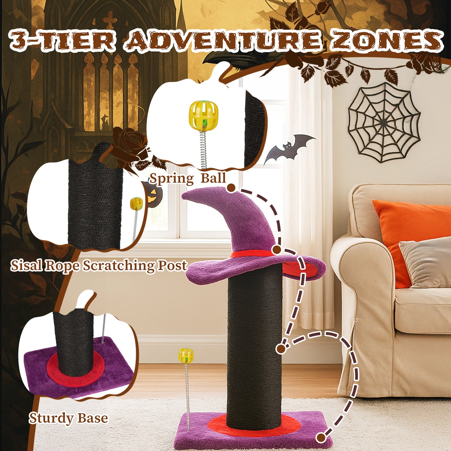 US Local Wizard Hat Cat Scratching Post with Spring Ball Toy for Indoor Cats, Halloween Spooky Cat Scratcher, Purple