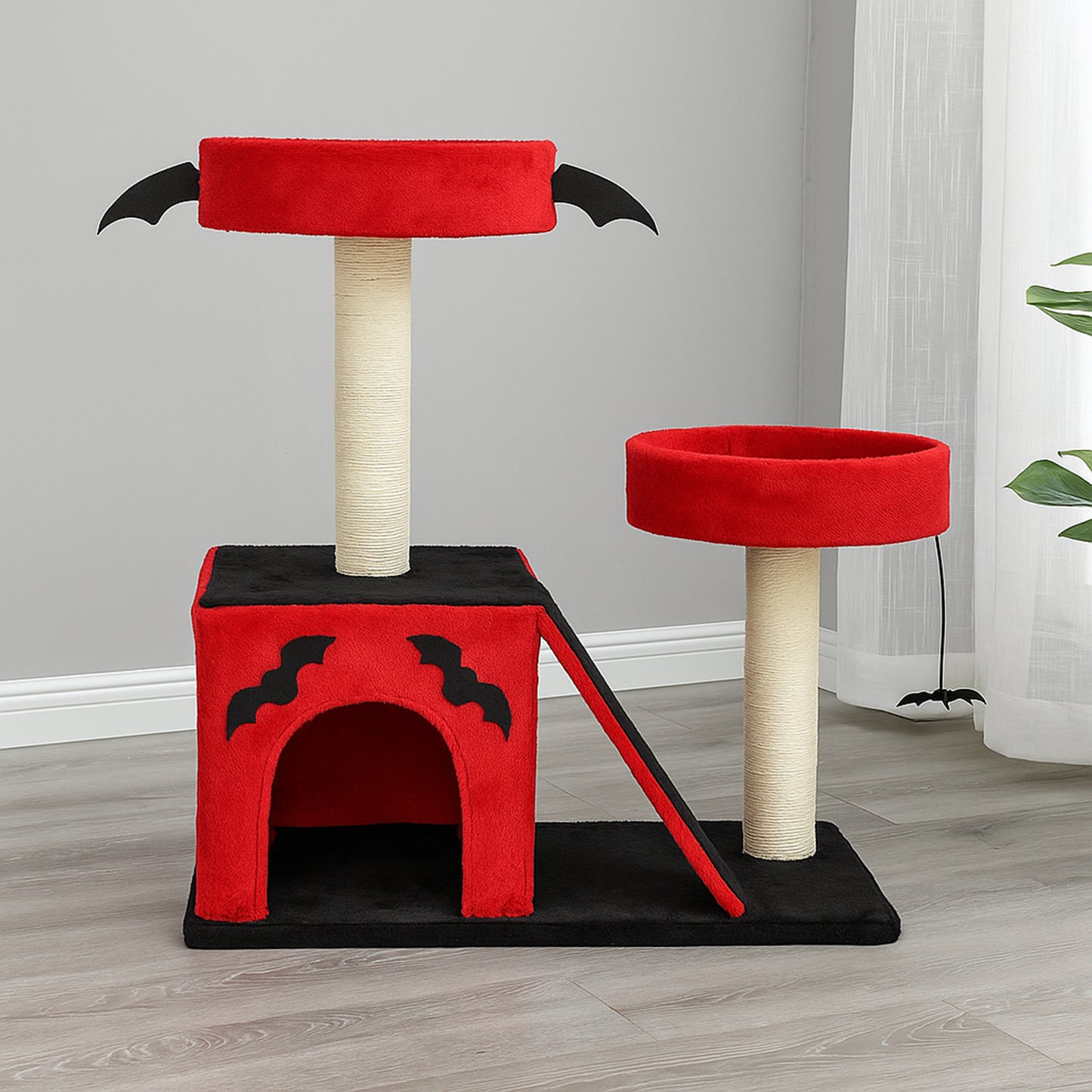 US Local Halloween 26" Gothic Cat Tree, Cat Tower with Spacious Cat Condo, 2 Padded Perches, Spider Toy, Scratching Posts, Scratching Ladder for Large Cats, Red & Black