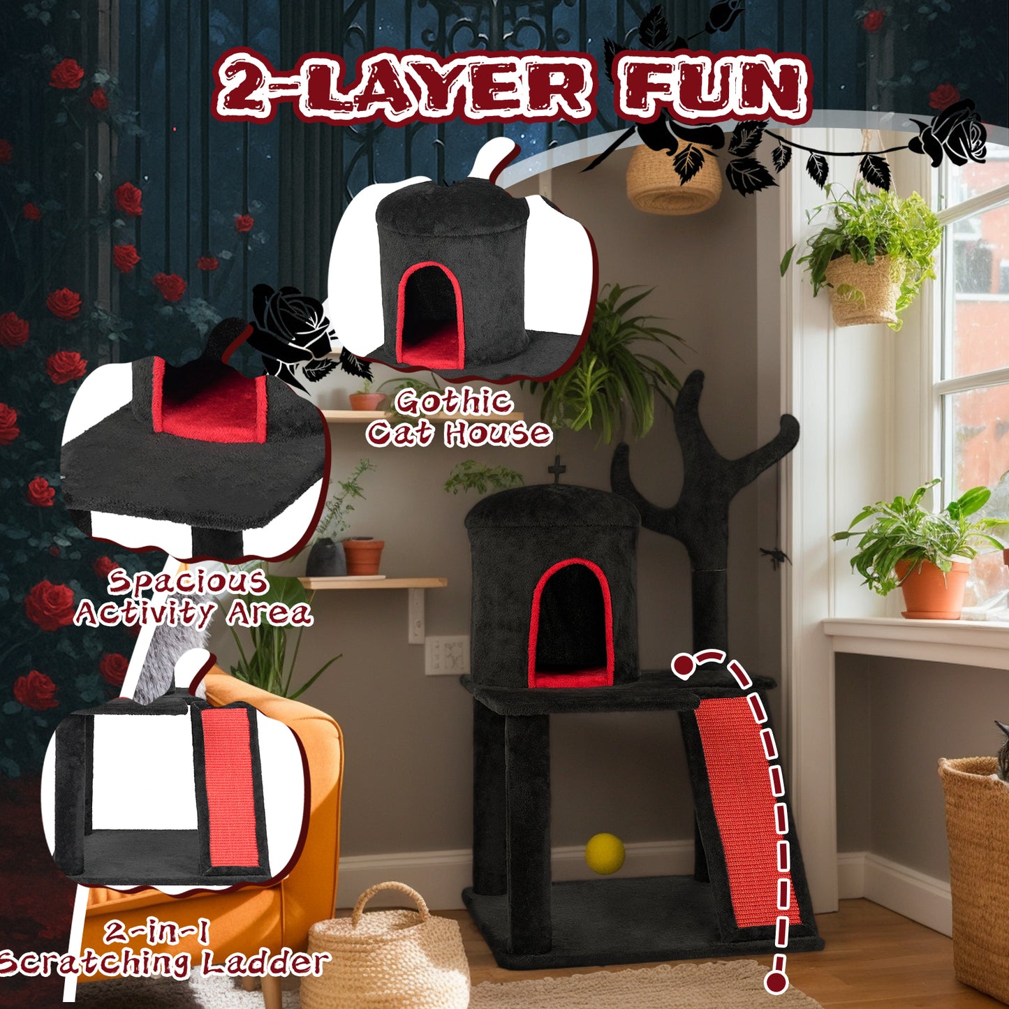 US Local 42" Halloween Gothic Pet Cat Tree, Tower Toy for Indoor