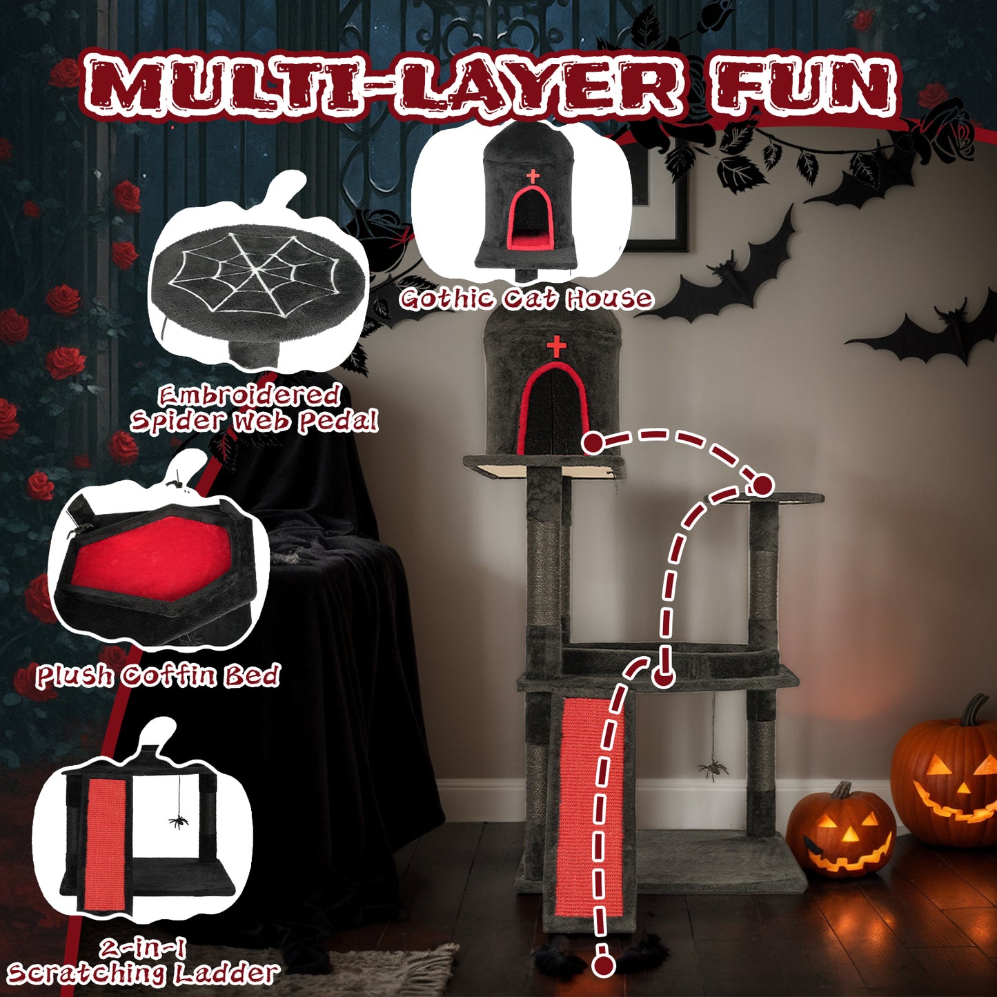 US Local Halloween 53" Gothic Cat Tree with Coffin Bed, Large Cat Tower with Spacious Cat Condo, Scratching Posts, Spider Hanging Toys, Scratching Board, Multi-Level Cat Activities Furniture for Large Cats, Red & Black