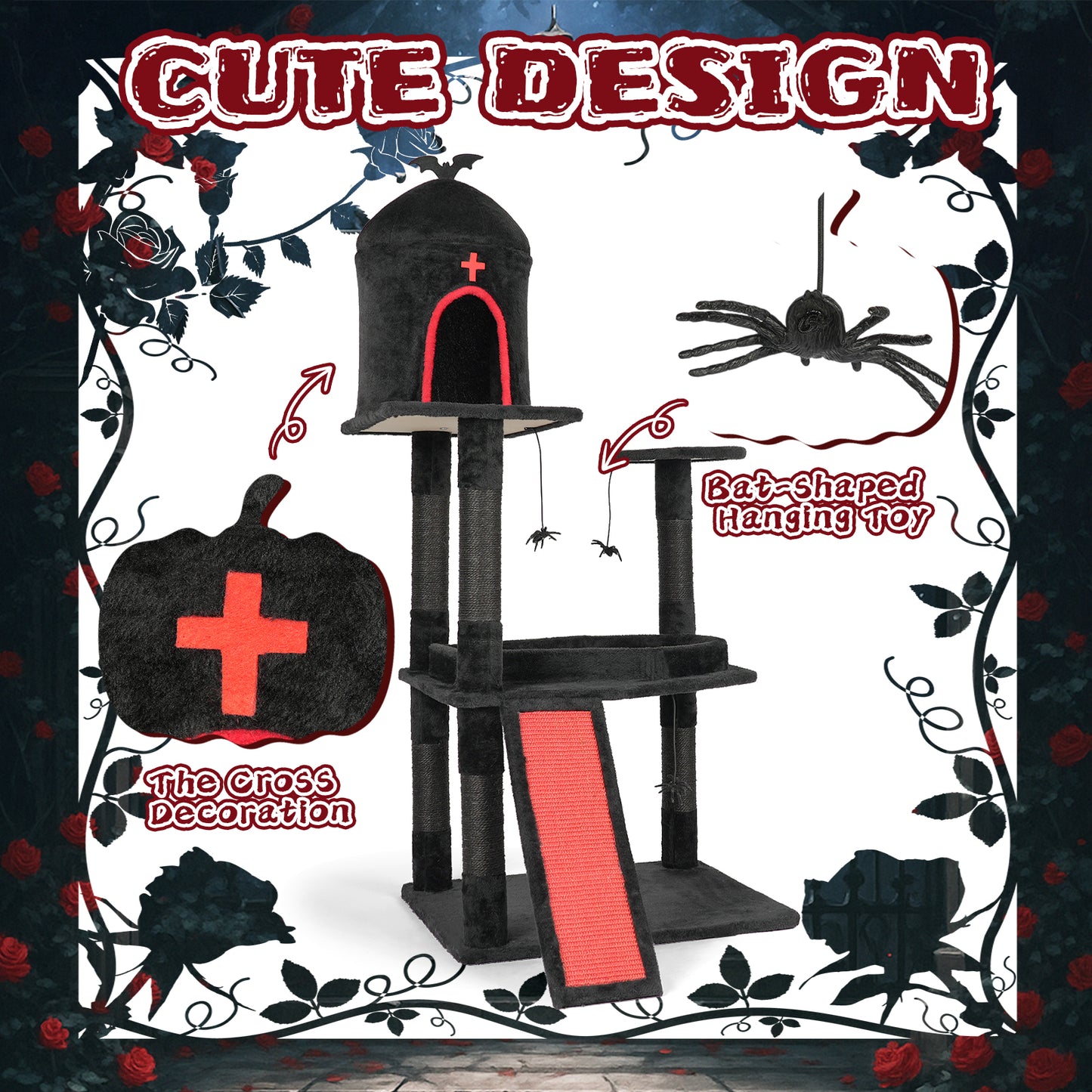 US Local Halloween 53" Gothic Cat Tree with Coffin Bed, Large Cat Tower with Spacious Cat Condo, Scratching Posts, Spider Hanging Toys, Scratching Board, Multi-Level Cat Activities Furniture for Large Cats, Red & Black