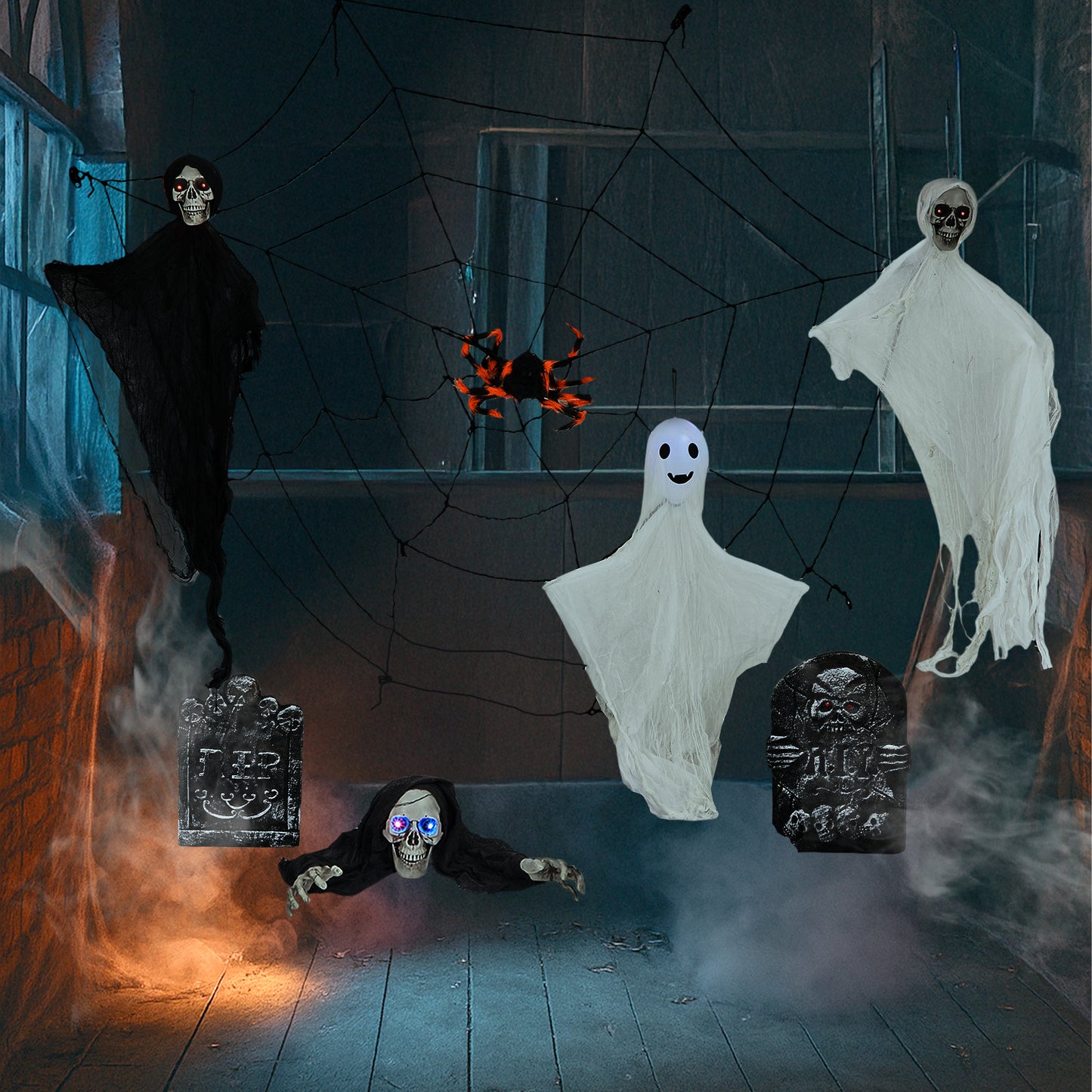 US Local Outdoor Halloween Decorations 8-Piece Set, Hanging Ghosts Decor and Cobweb and Gravestone with Lighted Up Eyes, Scary Swinging Ghost Flying for Yard Patio Lawn Garden