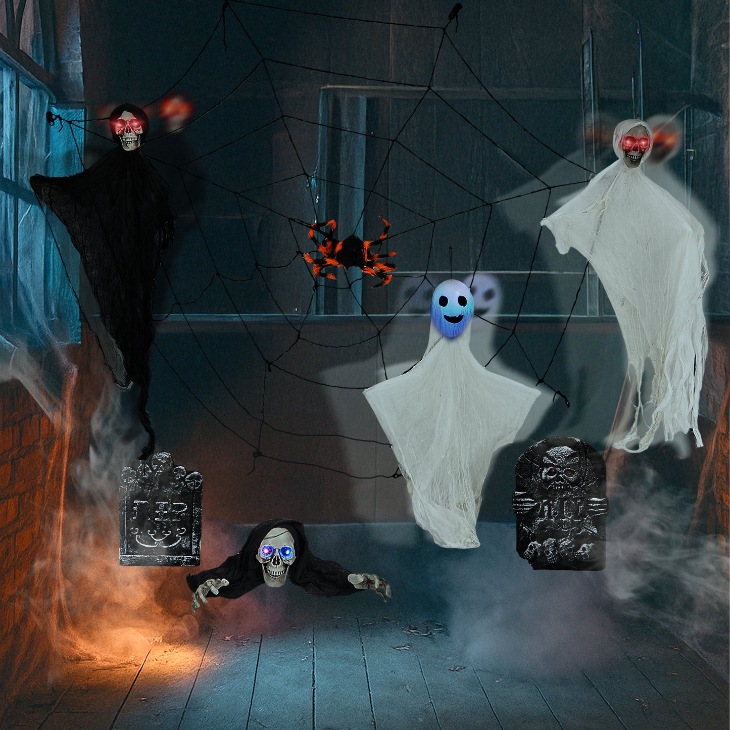 US Local Outdoor Halloween Decorations 8-Piece Set, Hanging Ghosts Decor and Cobweb and Gravestone with Lighted Up Eyes, Scary Swinging Ghost Flying for Yard Patio Lawn Garden