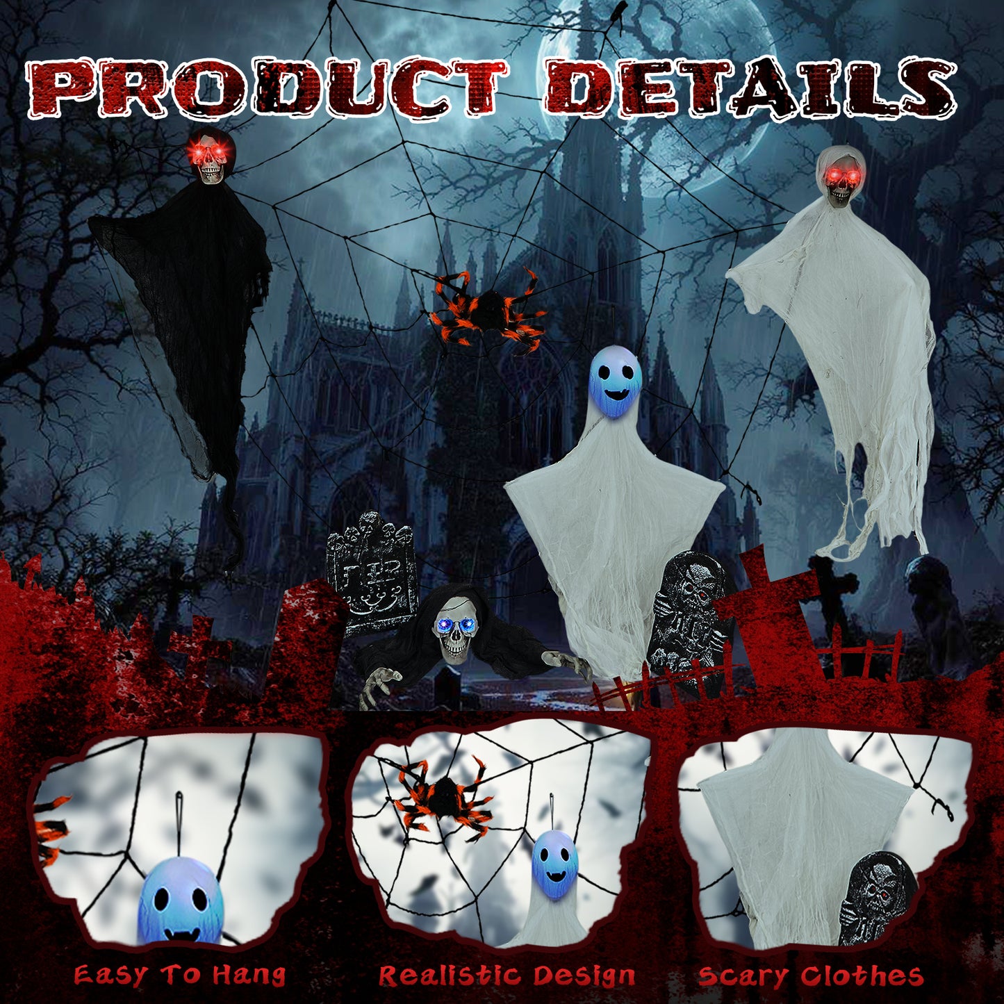 US Local Outdoor Halloween Decorations 8-Piece Set, Hanging Ghosts Decor and Cobweb and Gravestone with Lighted Up Eyes, Scary Swinging Ghost Flying for Yard Patio Lawn Garden