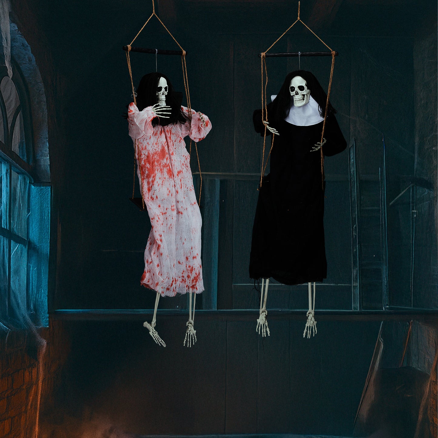 US Local Outdoor Halloween Decorations 2 Packs Hanging Ghosts Decor with Lighted Up Eyes and Horror Scream, 3ft Scary Grim Reaper Swinging Ghost Flying for Yard Patio Lawn Garden