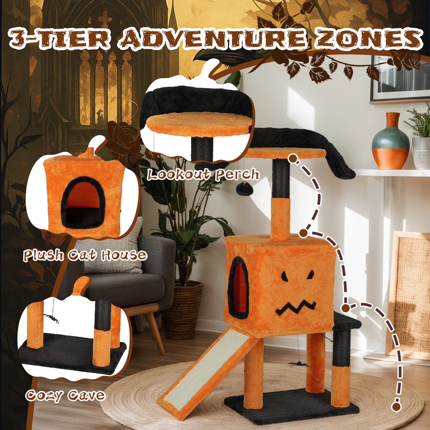 US Local 39.4" Halloween Cat Tree, Cat Tower Cat Tree for Indoor Cats with Spacious Cat Condo, Sisal Scratching Posts, Hanging Toys, Orange & Black