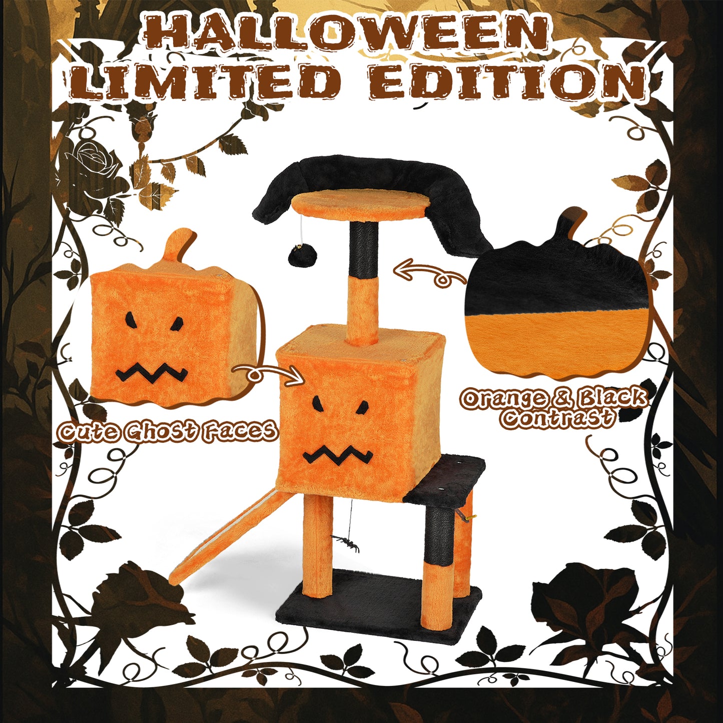 US Local 39.4" Halloween Cat Tree, Cat Tower Cat Tree for Indoor Cats with Spacious Cat Condo, Sisal Scratching Posts, Hanging Toys, Orange & Black