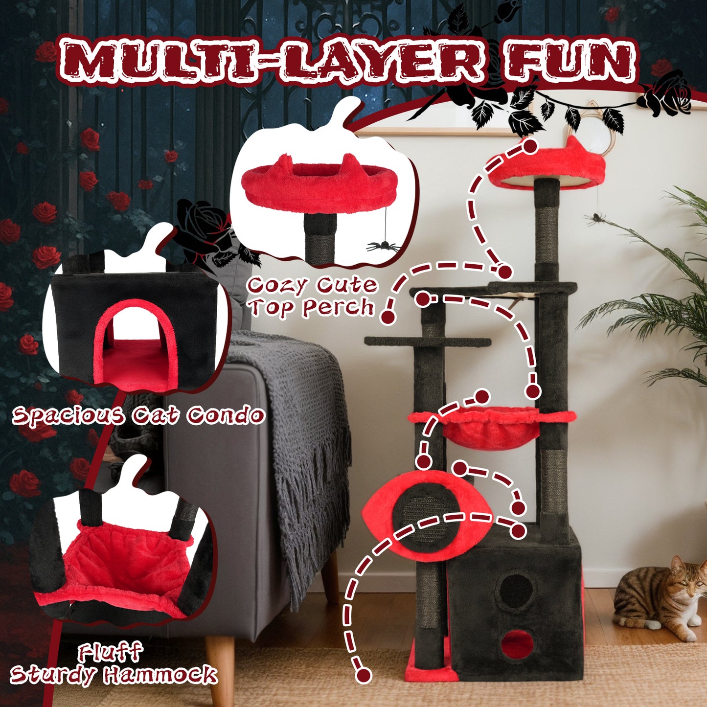 US Local Halloween 53" Large Cat Tree, Gothic Cat Tower with Padded Perch, Spacious Condo, Comfy Hammock, Scratching Post, Hanging Toy for Indoor Cats, Red & Black