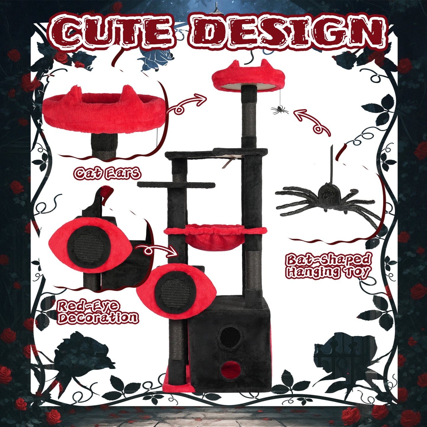 US Local Halloween 53" Large Cat Tree, Gothic Cat Tower with Padded Perch, Spacious Condo, Comfy Hammock, Scratching Post, Hanging Toy for Indoor Cats, Red & Black