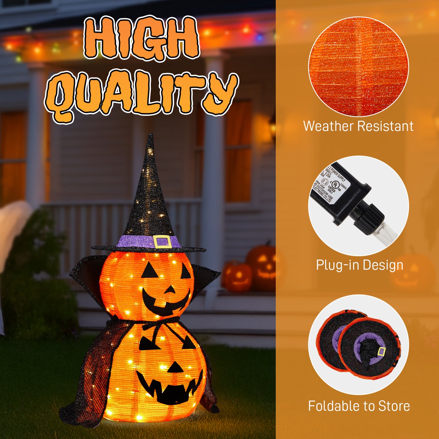 US Local 2Packs 3FT Halloween Collapsible Lighted Pumpkin Decoration, 176 LED Pop-Up Pumpkin Lamp with Cape, Plug in Halloween Jack-O-Lantern with Metal Stand for Indoor Outdoor Garden Patio Party Decor