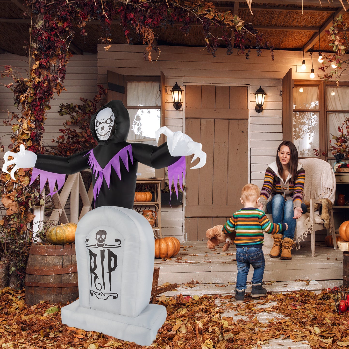 US Local 8ft Garden 3pcs LED String Lights Grim Reaper and Grave Inflatable Halloween Decoration