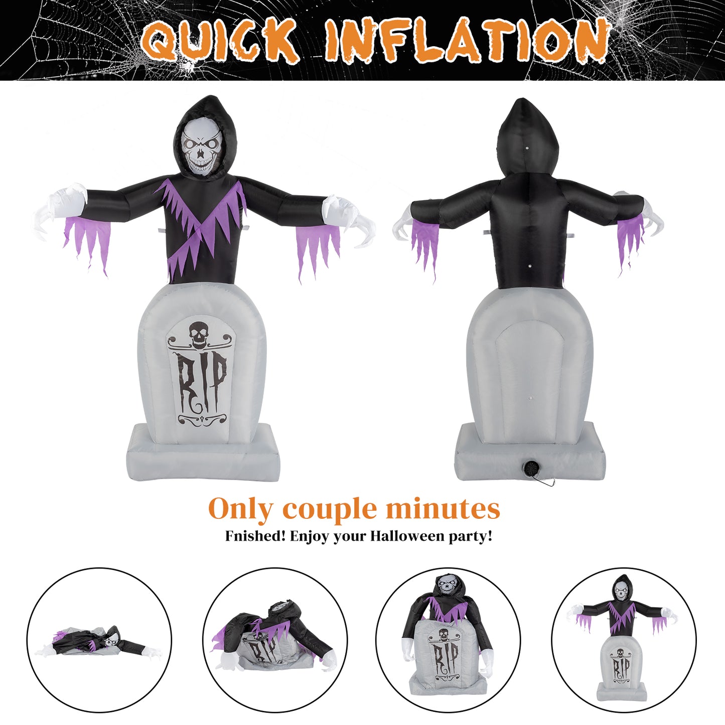 US Local 8ft Garden 3pcs LED String Lights Grim Reaper and Grave Inflatable Halloween Decoration