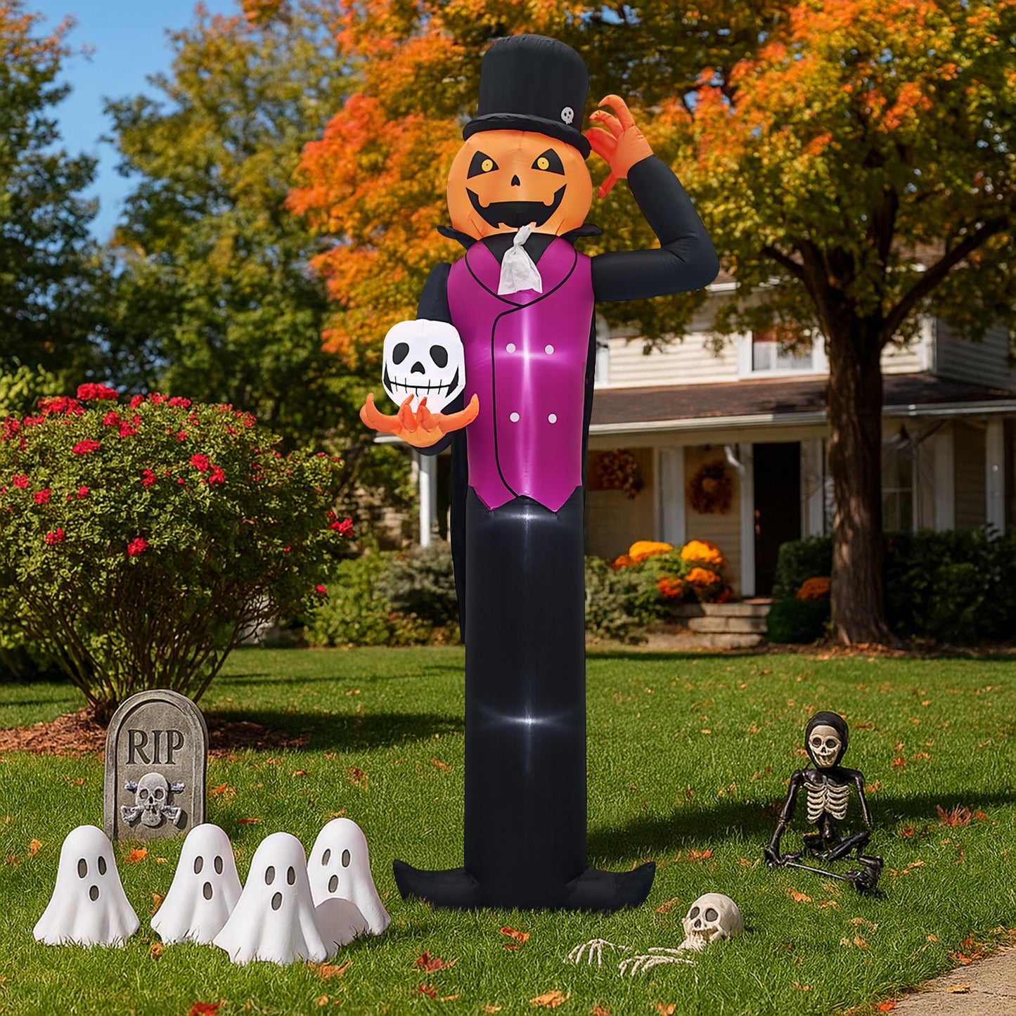 US Local 12FT Giant Halloween Inflatable Blow Up Decorations, Pumpkin Man Holding Skull with Built-in LEDs for Holiday Party Garden Lawn Yard Patio Décor