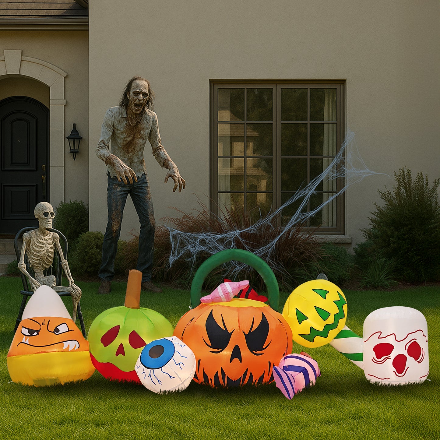 US Local 8FT Long Halloween Inflatables Pumpkins Eyeball Candy Outdoor Decorations, Blow Up Yard Decoration with Built-in LEDs Lighted for Lawn Garden Outside Indoor Decor