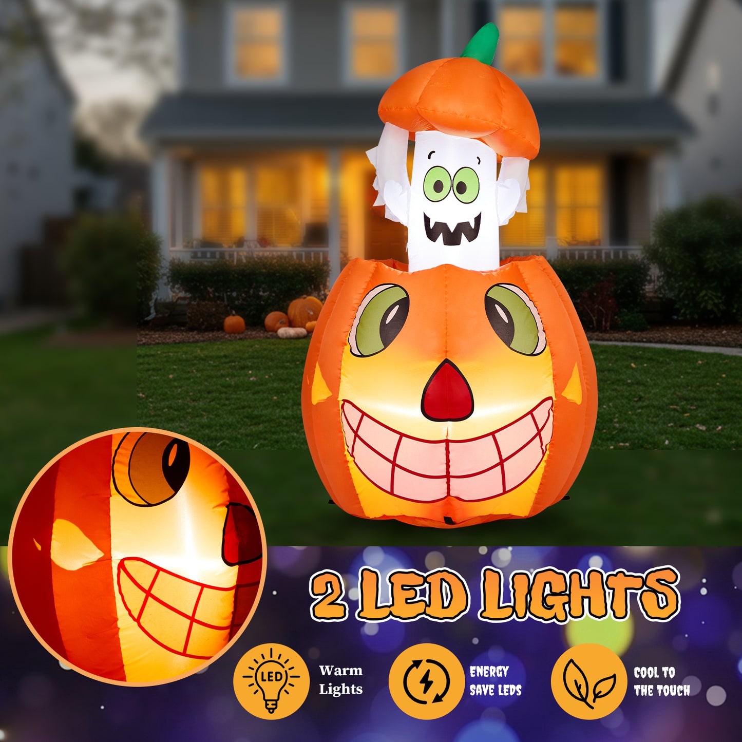 US Local 2.8 FT Halloween Inflatables Animated Pumpkin Ghost, Outdoor Decorations Blow Up Yard Decor with Built-in LEDs for Indoor Party Garden Lawn Decor