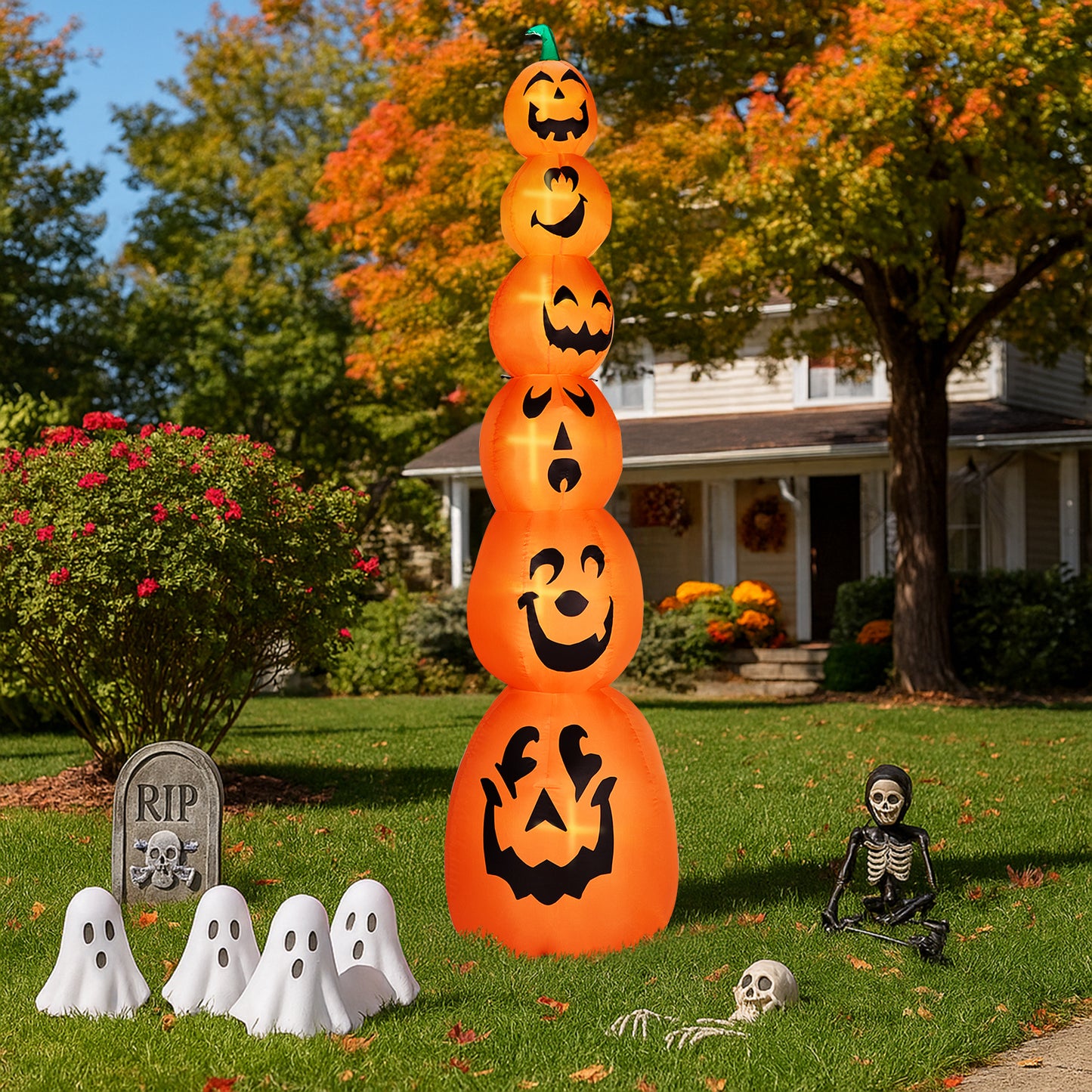 US Local 9FT Halloween Inflatable Stacked Pumpkins, Blow up 6 Pumpkins Inflatable with Built-in LED Lights Outdoor Decorations Large Party Yard Decoration