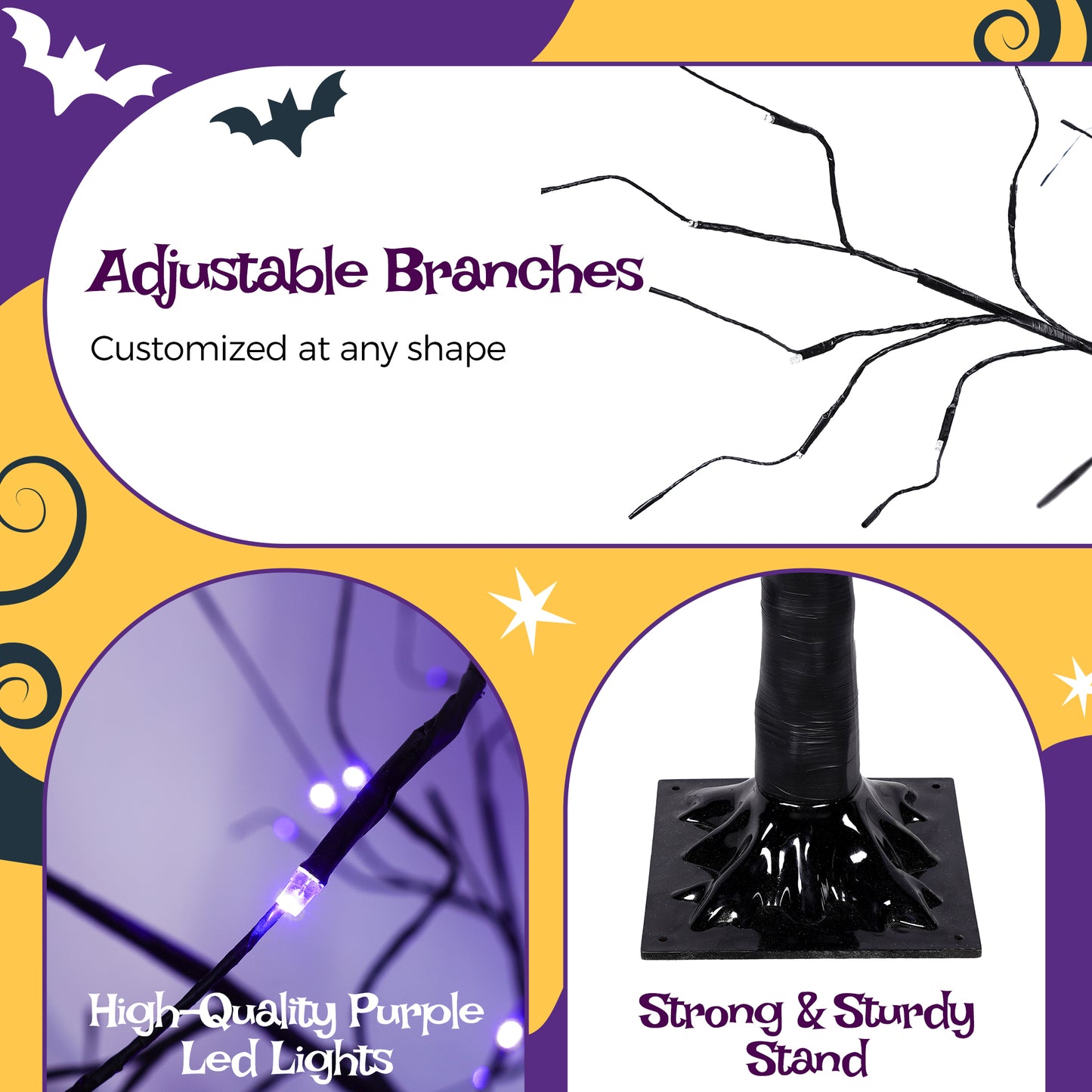 US Local 3 Pac Halloween Spooky Tree with Purple Lights, 4FT 5FT and 6FT, Lighted Black Tree for Halloween Decoration