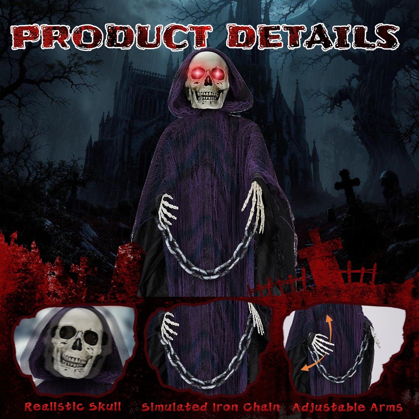 US Local 6ft Halloween Decorations Outdoor Life Size Animatronics Grim Reaper with Chain, Sound-Actived Party Decor with Creepy Sound , Scary Haunted House Props for Garden Yard Lawn