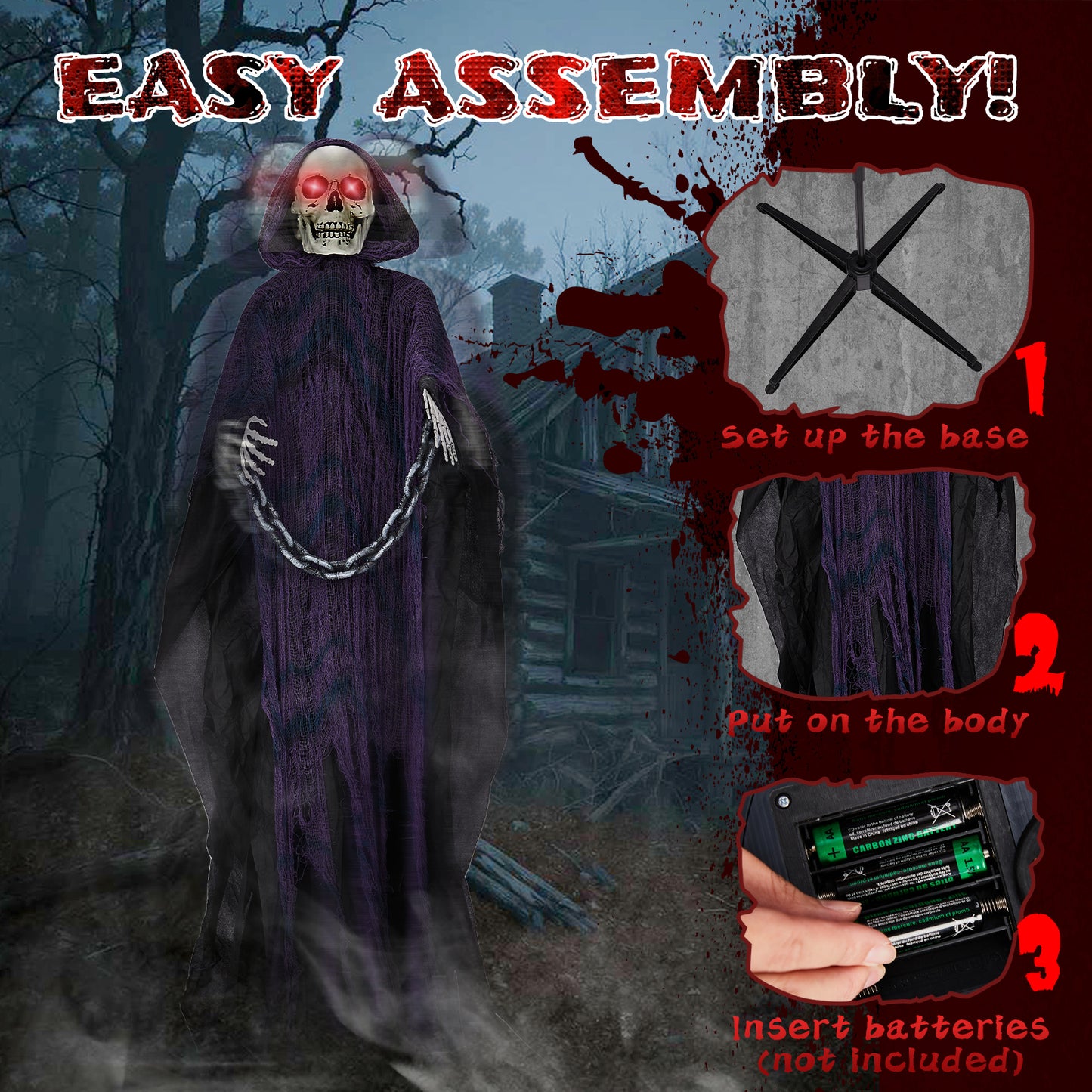 US Local 6ft Halloween Decorations Outdoor Life Size Animatronics Grim Reaper with Chain, Sound-Actived Party Decor with Creepy Sound , Scary Haunted House Props for Garden Yard Lawn