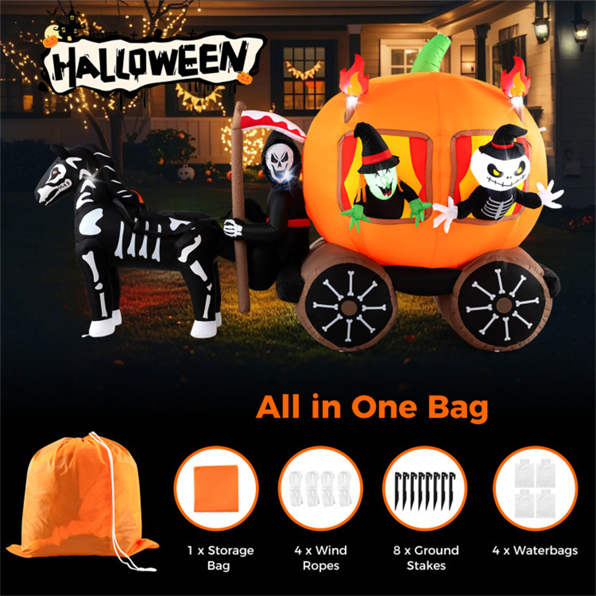 US Local 10.2x2.6x5.9ft Halloween Inflatable Carriage - 6 LED Lights, Premium Polyester (IP44 Waterproof), Built-in Blower