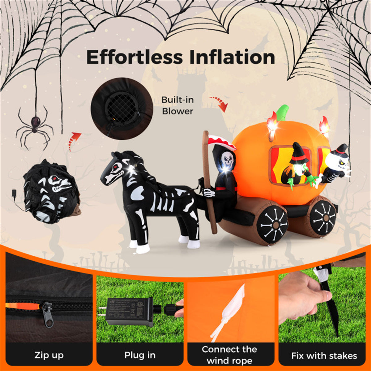 US Local 10.2x2.6x5.9ft Halloween Inflatable Carriage - 6 LED Lights, Premium Polyester (IP44 Waterproof), Built-in Blower