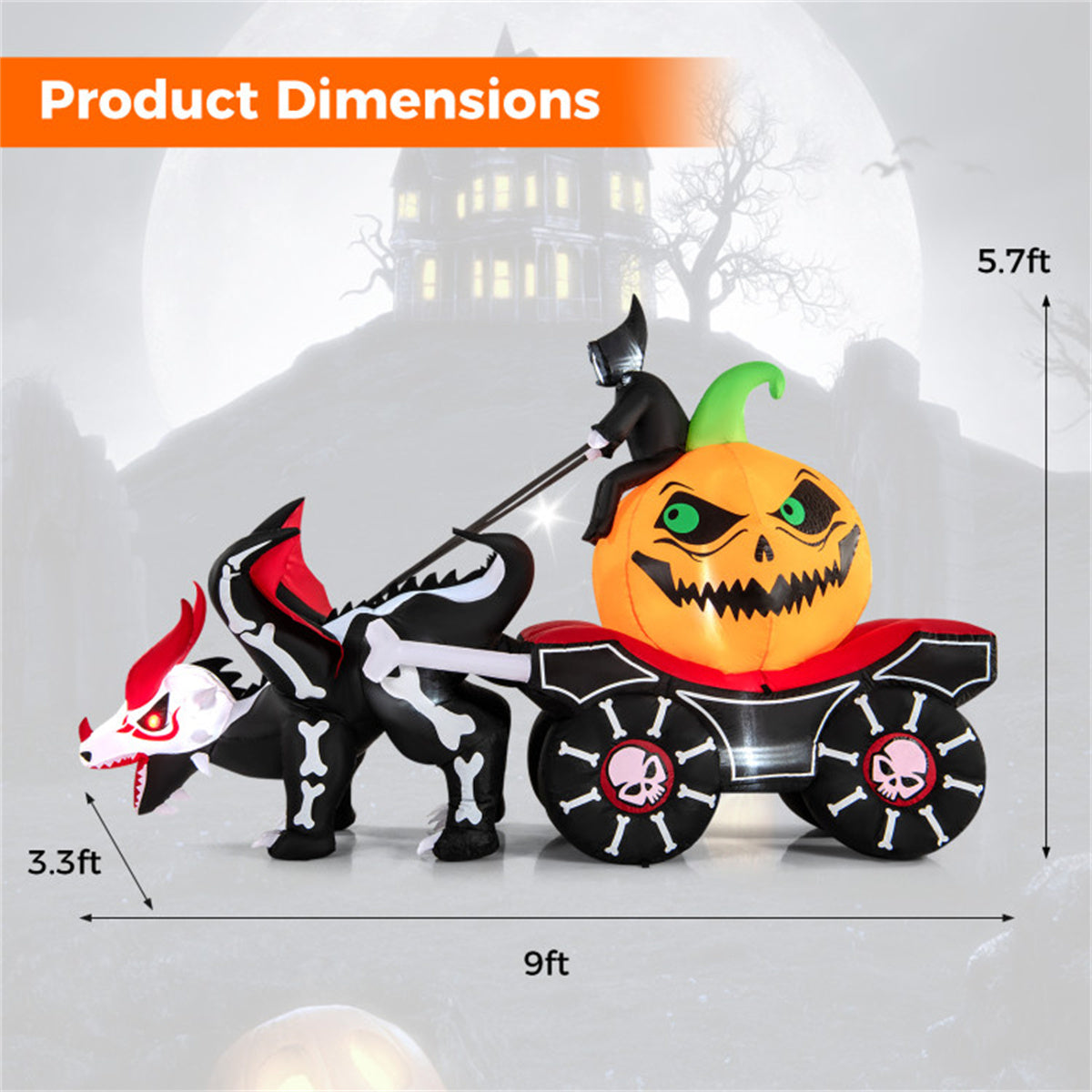 US Local 9 Feet Halloween Inflatable LED Lighted Carriage with Pumpkin and Skeleton Dragon