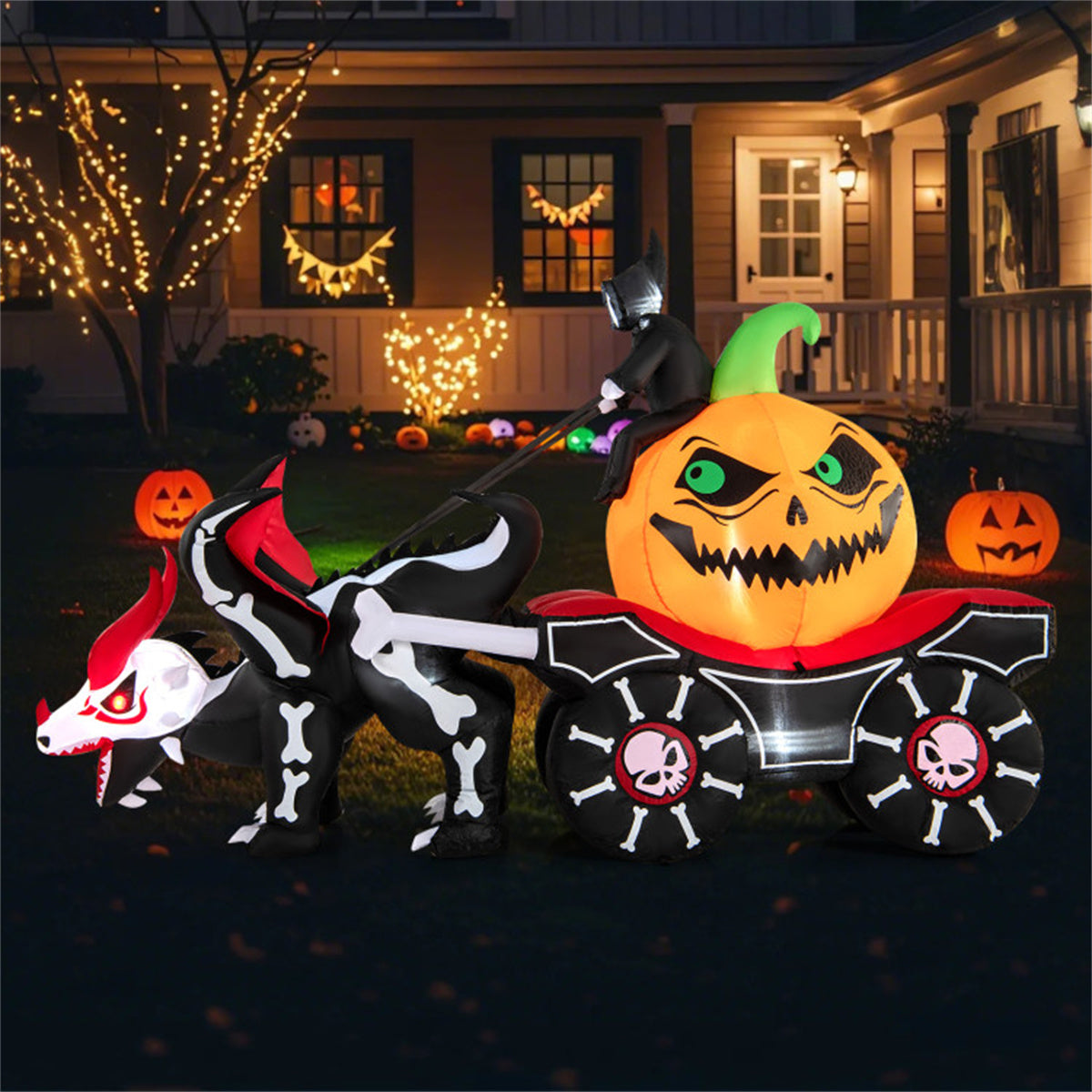 US Local 9 Feet Halloween Inflatable LED Lighted Carriage with Pumpkin and Skeleton Dragon