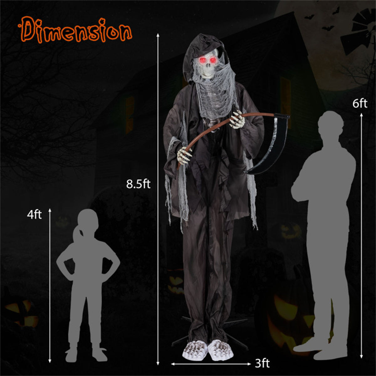 US Local 8.5ft Halloween Grim Reaper Decoration - Sound-Activated Design, Glowing Eyes, Tattered Garb & Sickle, Tool-Free Assembly