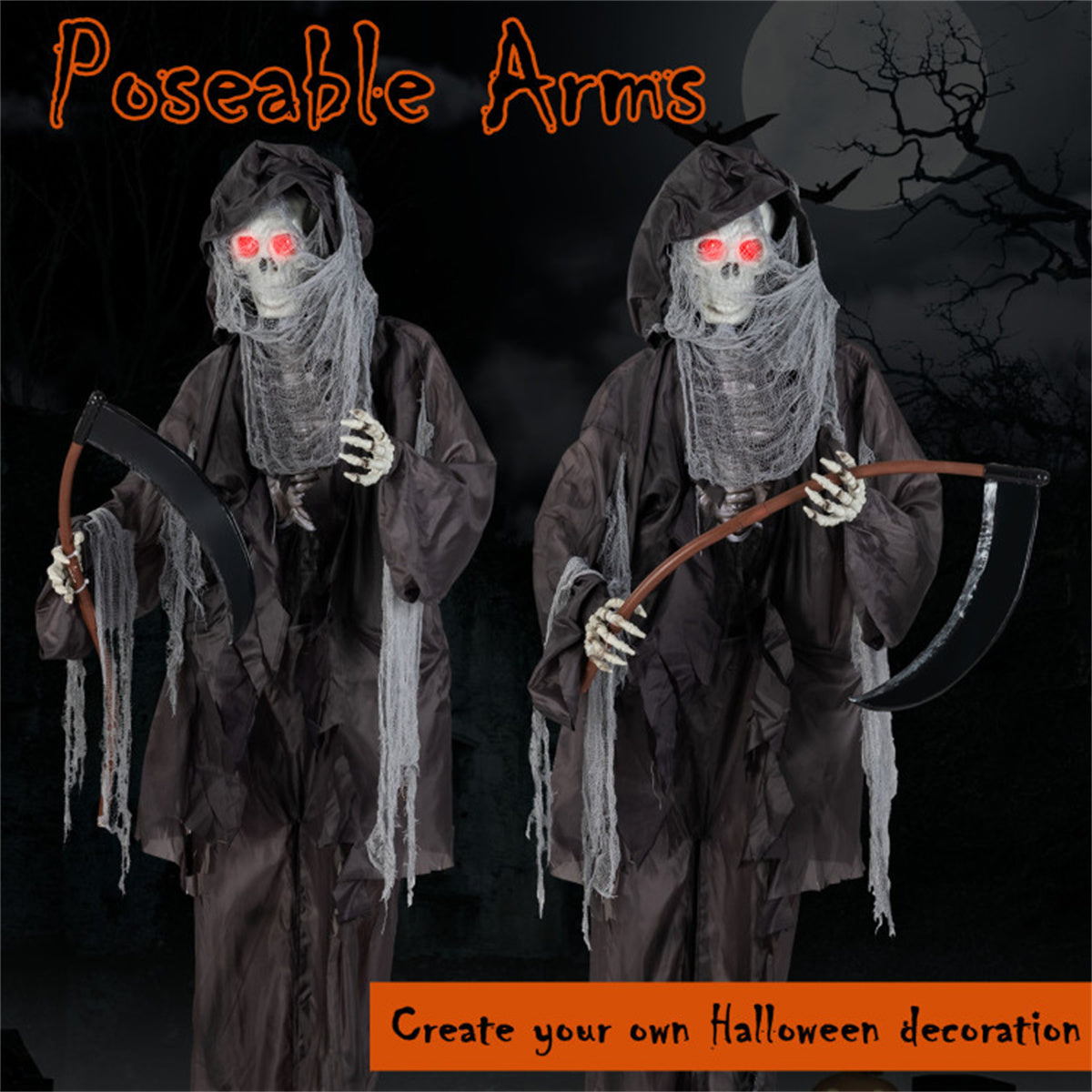 US Local 8.5ft Halloween Grim Reaper Decoration - Sound-Activated Design, Glowing Eyes, Tattered Garb & Sickle, Tool-Free Assembly