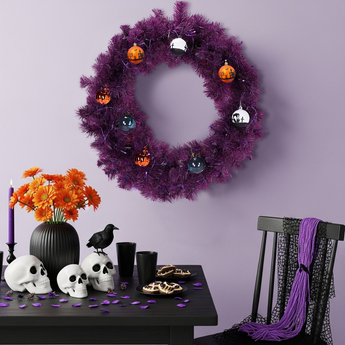 US Local 24in Pre-lit Halloween-Themed Christmas Wreath, Lighted Artificial Xmas Wreath with 50 Purple & Orange Lights and 100 PVC Tips and DIY Ball Ornaments, for Front Door Gate Wall Xmas Party Decorations,