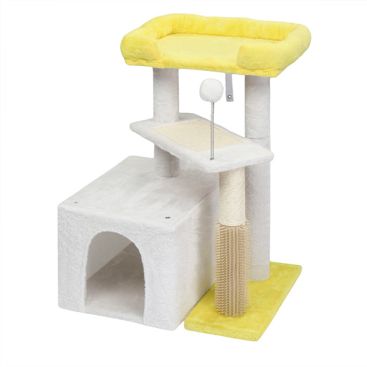US Local 27.5in Cat Tree, Multi-level Cat Tower with Cat Scratching Post and Pad, Cozy Cat Condo, Padded Top Bed for Kittens and Indoor Cats, Yellow & White