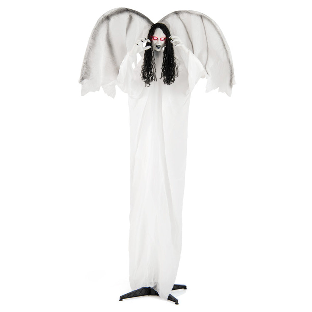 US Local 6.6 ft Life-Size Animated Halloween Angel Prop - Long Black Curly Hair, Sound-Activated , Automatic Flapping Wings